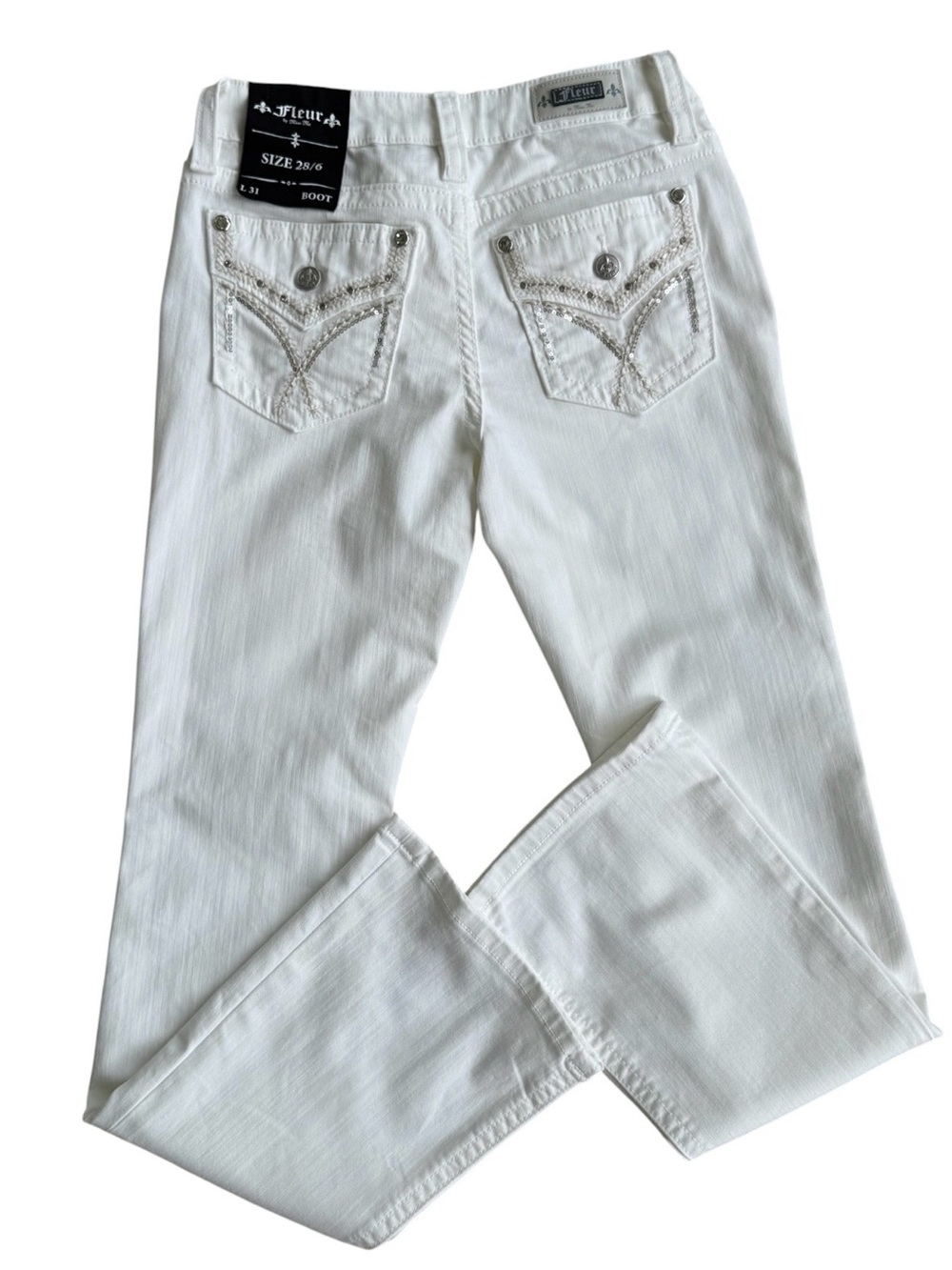 NWT Miss Me WOMENS White Mid Rise Bootcut Jeans Sequin Western 6/28
